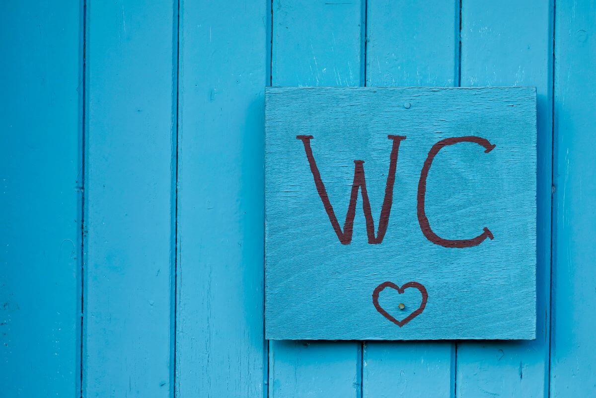 Auf dem Bild ist die Tür einer blau gestrichenen Outdoor-Toilette zu sehen mit der Aufschrift "WC". Es versinnbildlicht, dass Frauen mti Blasenentzündung einen ständigen Harndrang haben.